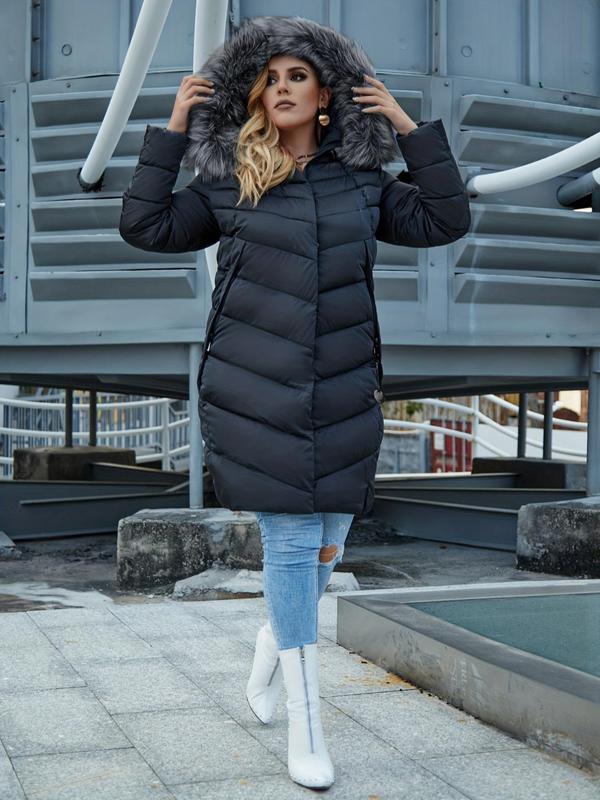  Contrast Faux Fur Trim Button Front Quilted Jacket, Casual Long Sleeve Pocket Zipper Hooded Outerwear for Fall & Winter, Women's Clothes for Daily Wear