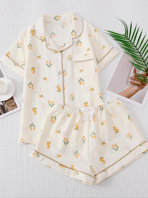 Two Counts Women's All Over Print Elastic Waist Pyjama Set, Back To School Wear, Button Front Top & Bow Decor Shorts, Summer Sleepwear, Pajama Sets Women, Nightwear Set for Women