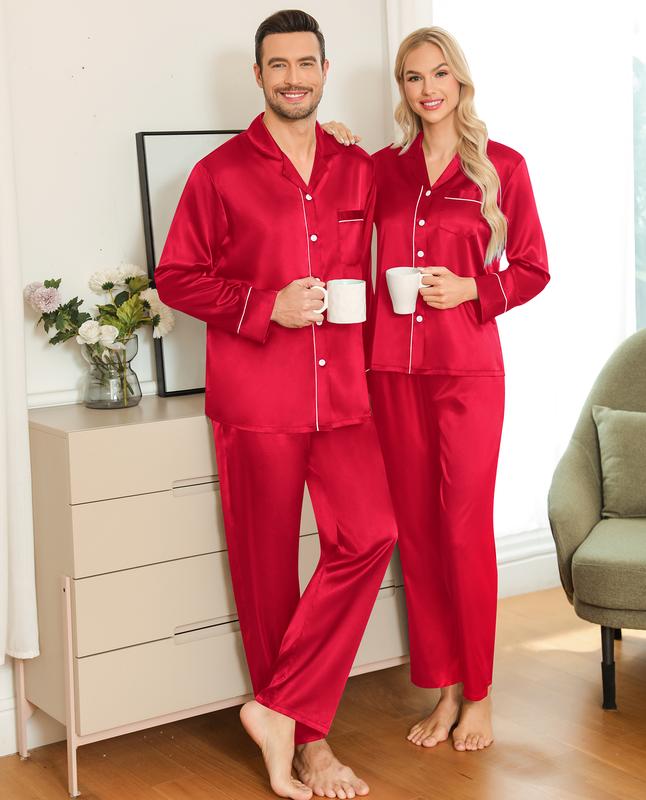 SWOMOG Matching Family Pajama Set Womens Mens Long Sleeve Sleepwear Satin Silk Loungewear for Couple Button Down Pjs Set Womenswear Clothing