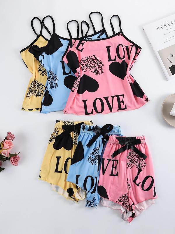 6 Piece Set Women's Heart & Letter Print Summer Pyjama Set, Girl Nightwear, Lady Casual Cute Comfortable Lettuce Trim Sleeveless Spaghetti Strap Cami Top & Bow Decor Shorts, Summer Pajamas Wear 2024, Summer Sleepwear Homewear Set, Womenswear Pajama Set