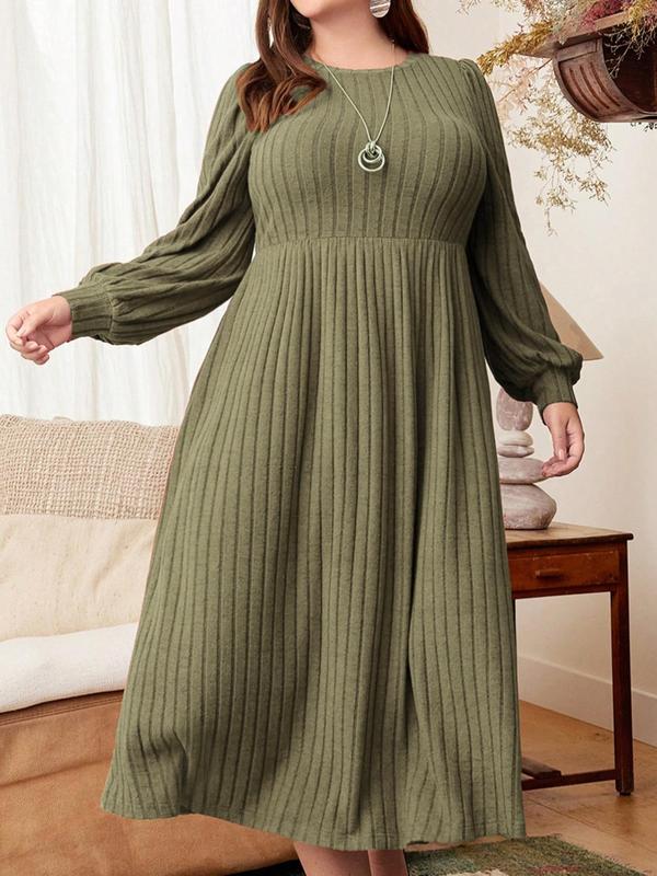 Plus Size Solid Color Bishop Sleeve A Line Dresses for Women, Elegant Long Sleeve Round Neck Ribbed Dress for Fall & Winter,  Women's Clothing, Birthday Dress for Women, Women's Clothes for Daily Vacation Party