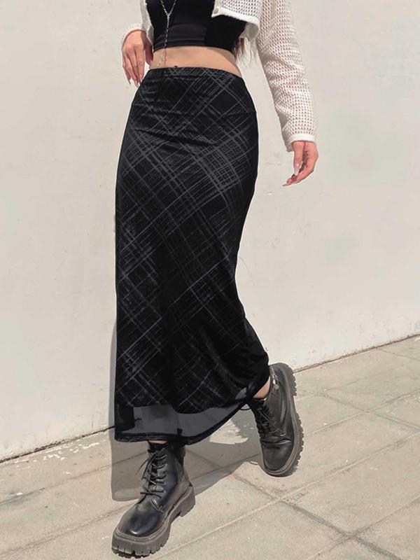 Women's Plaid Print Tulle Bodycon Skirt, Casual Fashionable Long Skirt for Daily Wear, Ladies Spring & Fall Bottoms