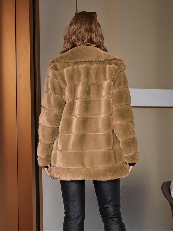 Women's Collar Pocket Design Long Sleeve Faux Fur Coat, Elegant Textured Solid Outerwear for Fall & Winter, Women's Clothes for Daily Wear Winter Clothes Women, Winter Clothes Women