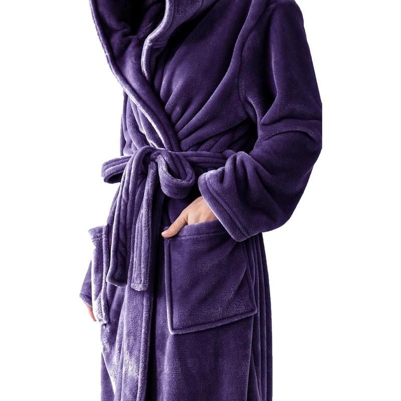 Women's Hooded Long Bathrobe, Silky Soft Lightweight Plush Fleece Robe Warm and Comfy to Wear