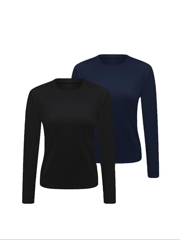 Women's Solid Round Neck Long Sleeve Sports Thermal Underwear, Casual Comfy Breathable Base Layer T-shirt for Workout Running, Ladies Sportswear Clothing