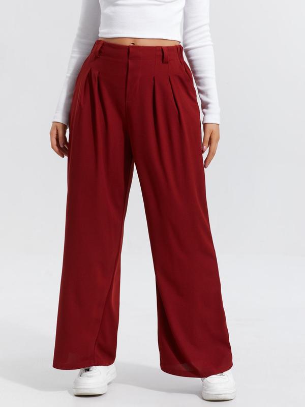 Women's Plain Plicated Elastic Waist Wide Leg Pants, Casual Comfy Pocket  Trousers for Daily Wear, Ladies Bottoms for All Seasons