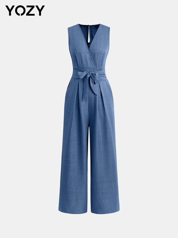 YOZY [3 colors, size 4-14] Bow Decor Wrap Jumpsuit, Elegant Plain V Neck Shirred Waist Plicated Wide Leg Jumpsuit, 2024 Women's Work Office Business Wear for Spring & Fall, [S-XXL]