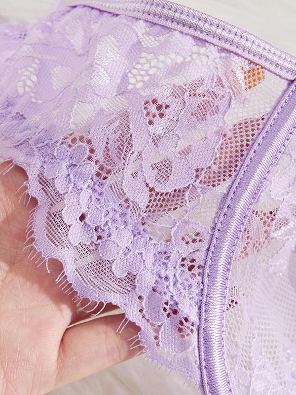 Women's Floral Appliques Lace Sexy Lingerie Three-piece Set, Sexy Comfy Breathable Bra & Thong & Garter Belt Set, Lingerie Set for Women