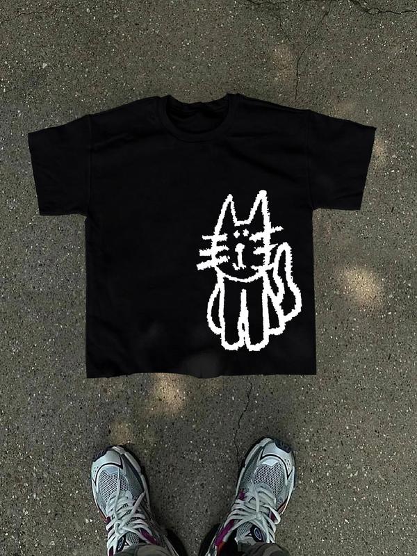 Unisex's Cat Print Round Neck Tee, Street Fashion Casual Short Sleeve T-shirt for Daily Wear, Unisex Top for Summer