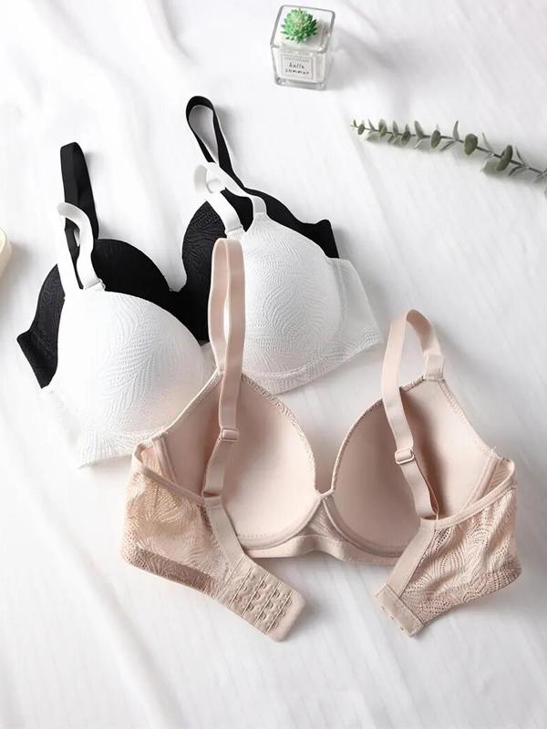 Women's Solid Color Lace Push Up Bra, Casual Comfortable Breathable Underwire Bra for Daily Wear, Women's Lingerie for All Seasons