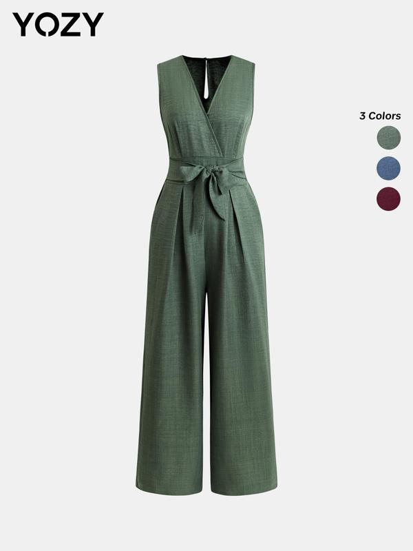 YOZY [3 colors, size 4-14] Bow Decor Wrap Jumpsuit, Elegant Plain V Neck Shirred Waist Plicated Wide Leg Jumpsuit, 2024 Women's Work Office Business Wear for Spring & Fall, [S-XXL]