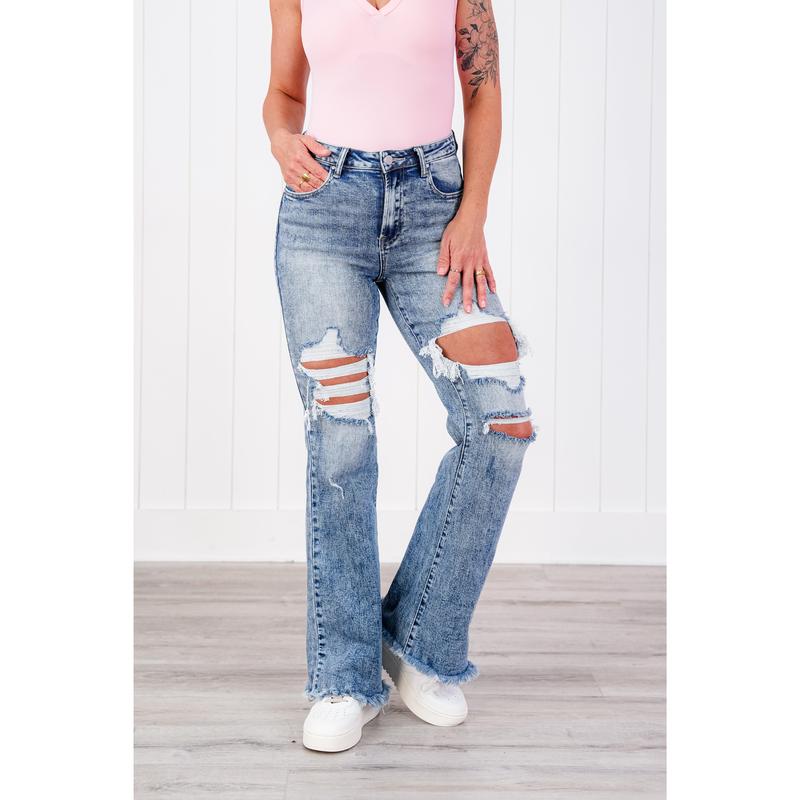 Risen Meant to Be Multiple Inseam FP Exclusive High Rise Acid Wash Distressed Flare Jeans