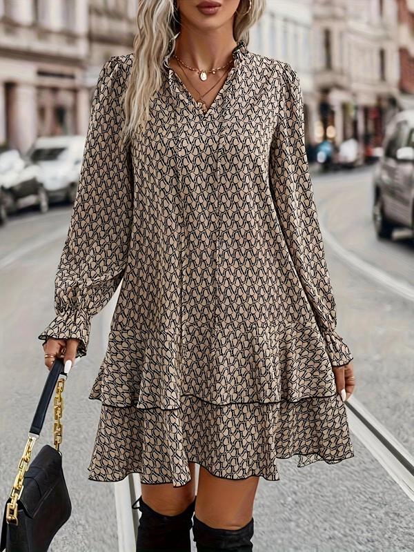 Plus Size All Over Print Frill Trim Tie Neck Ruffle Hem Dress, Plus Casual Flounce Sleeve Tiered Layer Hem Short Dress for Spring Fall, Women's Plus Long Sleeve Clothing for Daily Wear, Vintage Girly Clothes