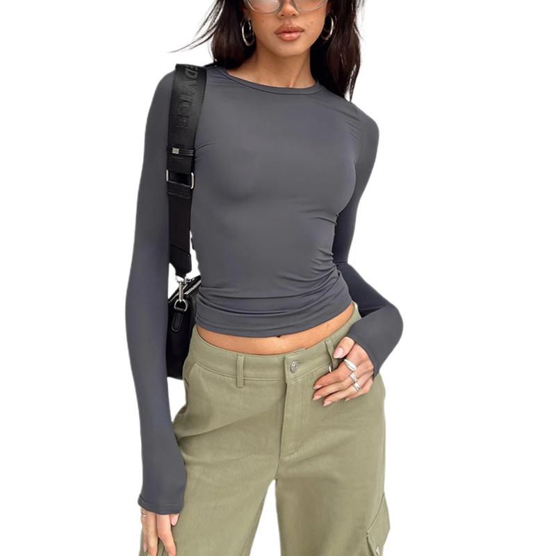 Women's Tight Long Sleeve Shirt - Casual Slim Fit Ruched Crinkle Crop Tops Solid Scoop Neck Pullover Tight T-Shirts Comfort Everyday