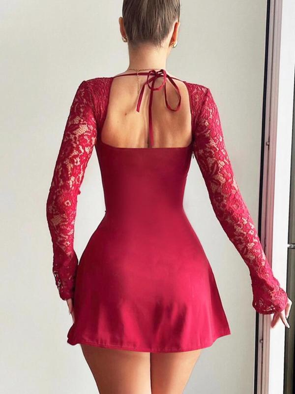 Contrast Lace Tie Backless A Line Dresses for Women, Dresses for Women, Homecoming Dresses, Birthday Dresses 2024, Elegant Sweetheart Neck Flounce Sleeve Vintage Dress, Birthday Dresses 2024, Ladies Spring & Fall Clothes for Party Club Dating