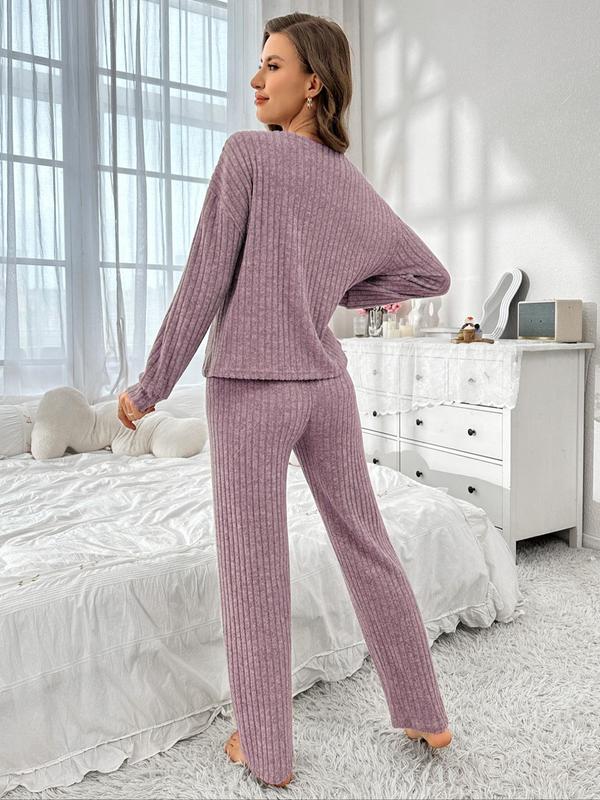 Women's Solid Drop Shoulder Pocket Top & Pants Pyjama Two-piece Set, Women Nightwear for Birthday Gifts, Casual Comfy Long Sleeve Top & Trousers Pj Set, Women's Sleepwear for Spring & Fall, Pajama Sets Women, Fall Wear, Fallfreshness