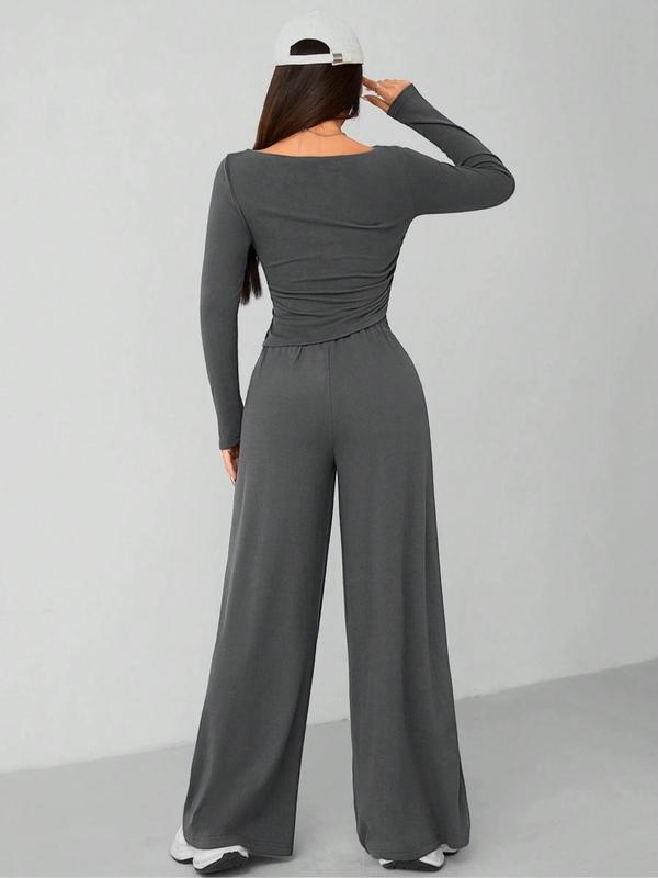 Women's Solid Ruched Tee & Wide Leg Pants Two-Piece Set, Elegant Fashion Casual Boat Neck Long Sleeve Top & Pocket Trousers for Daily Outdoor Wear, Women's Clothing for Fall & Winter