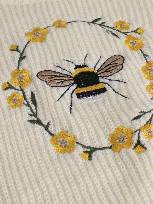 Women's Cartoon Bee Embroidery Drop Shoulder Sweater, Casual Long Sleeve High Neck Jumper for Spring & Fall, Fashion Women's Knitwear for Daily Wear