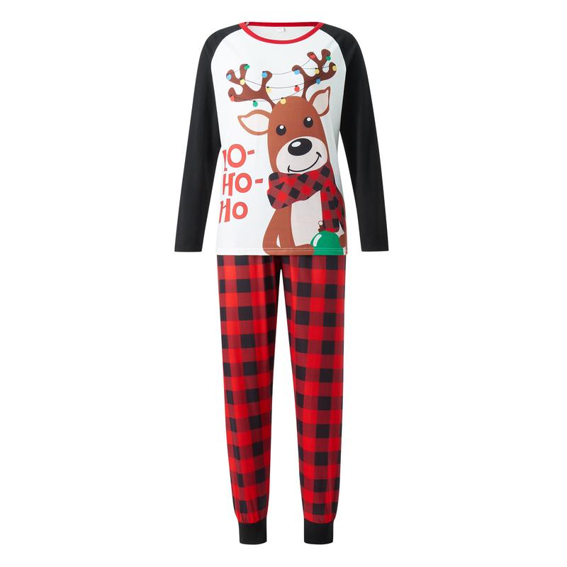 Christmas Pajamas for Family, Long Sleeve Elk Letter Print T-Shirt + Plaid Pants Set