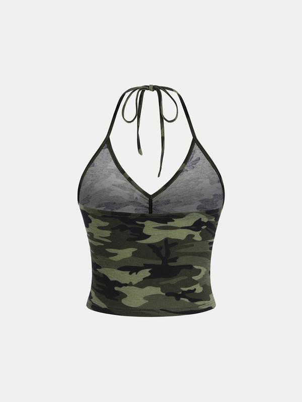 YOZY [2 colors] Camo Print Ruched Crop Top, Y2K Casual V Neck Backless Halter Tie Back Halter Cami Top, 2024 Women's Daily Wear for Spring & Summer