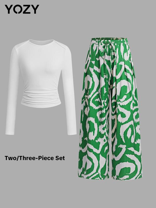 YOZY Christmas Deals, Solid Ruched Tee & All Over Print Pants Set  Casual Round Neck Long Sleeve Top & Elastic Waist Wide Leg Trousers, 2024 Women's Daily Wear for Spring & Fall, Christmas 2024 Trend, Fall & Winter Outfits