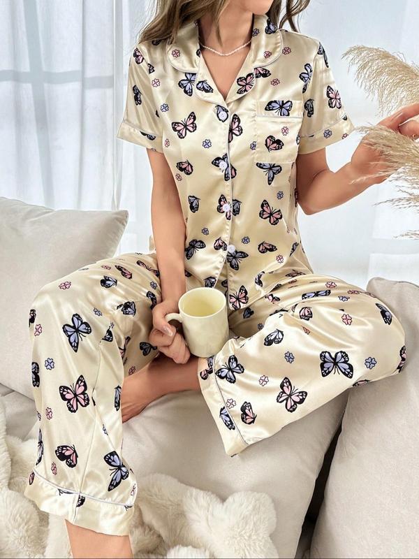 Two-Piece Set Women's Butterfly Print Notched Neck Pajama Set, Casual Comfy Short Sleeve Top & Pants PJ Set, Ladies Sleepwear for All Seasons