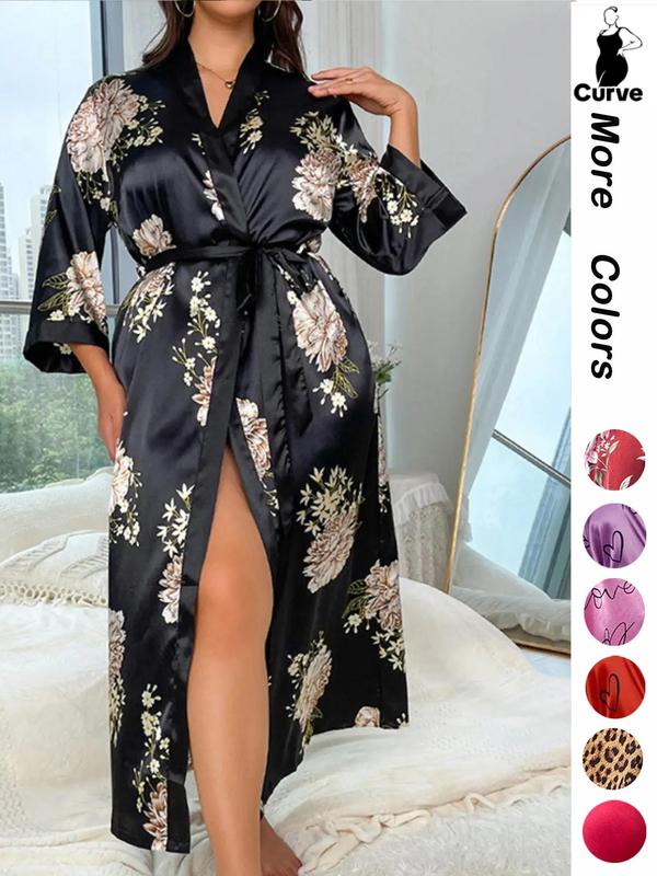 2 Counts Plus Size Halloween Pumpkin Skull Print Belted Wrap  Long Sleeve Loungewear Robe, Back To School Women Nightwear, Fall Lady Long Lounge Robe Gowns, Halloween Pajamas, Halloween Plus Size Fallfreshness, Fall Outfits Black Girl