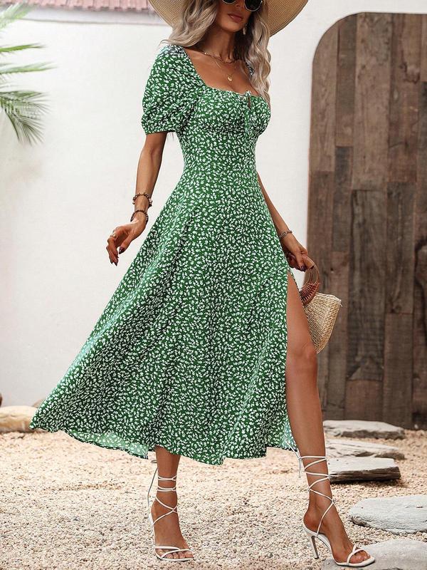 Women's Floral Print Puff Sleeve Split Thigh Tie Front A Line Vintage Dress, Boho Romantic Short Sleeve Square Neck Long Dress for Party Holiday Wedding Guest, Frenchy Style Dresses for Women, Milkmaid Dress, Summer Dresses 2024, Ladies Summer Clothes