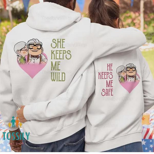 Carl And Ellie Couple Shirt He Keeps Me Safe Hoodie She Keeps Me Wild Sweatshirt Valentine Matching Shirt Valentine Gift