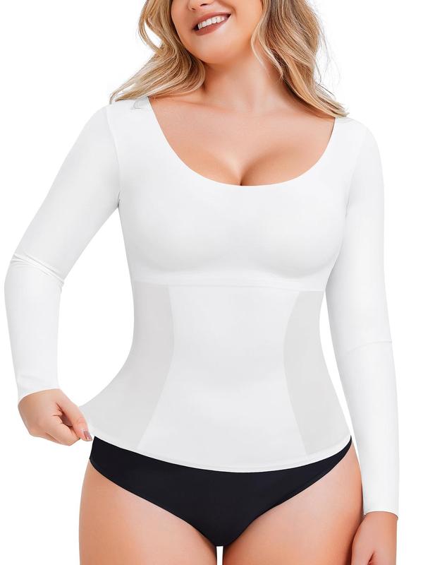 Women's Solid Long Sleeve Shapewear Top, Tummy Control Shaper,  Waist Trainer Women, Compression Tanks for Women,  Scoop Neck Top