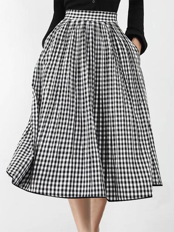 Women's Plaid Print Pocket Elastic Waist A Line Skirt, Casual Fashion High Waist Midi Skirt for Daily Wear, Ladies Bottoms for All Seasons