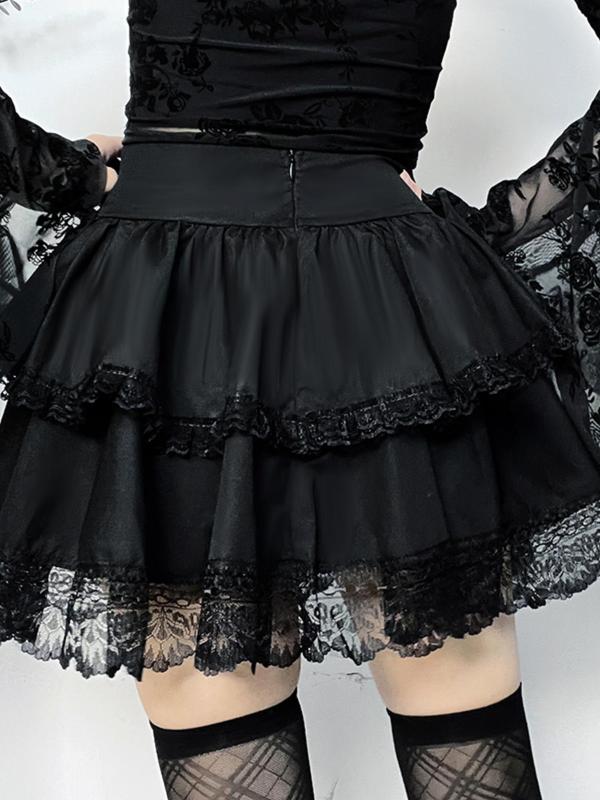 Women's Cross & Chain Decor Lace Skirt, Gothic Lace Up Ruffle Trim Skirt for Party Holiday Vacation, Ladies Bottoms for All Seasons