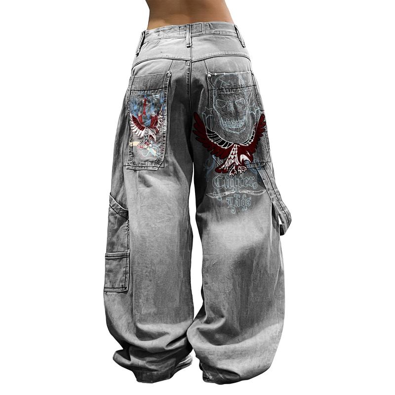 High Waist Jeans baggy, Street Hip Hop Retro Casual Big Pocket Oversized Jeans, Jeans With Skull and Eagle Print, Plus Size jeans, Streetwear Pants