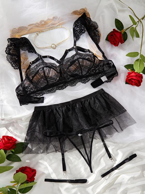 Women's 3pcs Sexy Garter Lingerie Set, Adjustable Strap Contrast Lace Ruffle Bra & Contrast Mesh Sheer Thong & Garter Belt Mesh Skirt Set,  Underwear for Women, Lingerie Set for Women