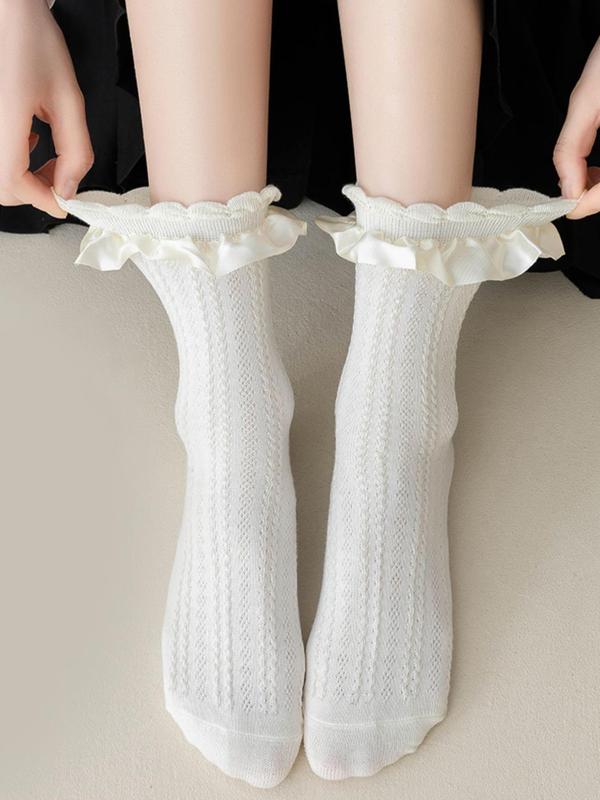 Women's 3 Pairs Cute Ruffle Trim Crew Socks, Comfy Breathable Mid-calf Socks for Daily Wear, Fashionable Ladies Socks for All Seasons