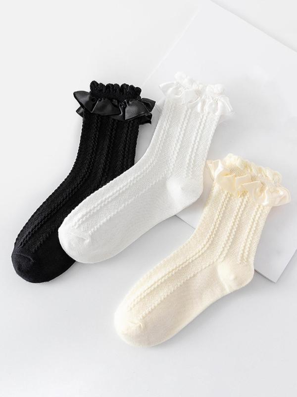 Women's 3 Pairs Cute Ruffle Trim Crew Socks, Comfy Breathable Mid-calf Socks for Daily Wear, Fashionable Ladies Socks for All Seasons