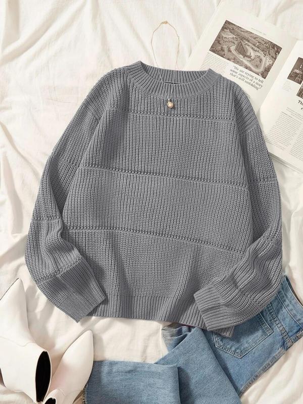 Women's Simple Minimalist Plain Textured Round Neck Sweater, Comfy Clothes for Women, Casual Basic Comfort Drop Shoulder Crewneck Long Sleeve Jumper for Fall, Ladies Knitwear for Fall Daily Wear, Womenswear, Fall Outfits, Earthtone Fallfreshness