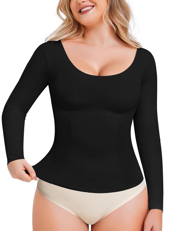 Women's Solid Long Sleeve Shapewear Top, Tummy Control Shaper,  Waist Trainer Women, Compression Tanks for Women,  Scoop Neck Top