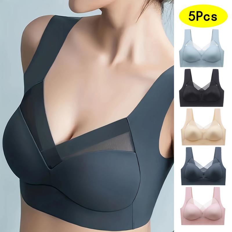 5Pcs Comfy Seamless Wireless Bralettes - Soft, Breathable, Elegant Smiling Face Print, Removable Padded, Medium Support, Knit Nylon Fabric - Perfect for Adult Womens Lingerie & Underwear