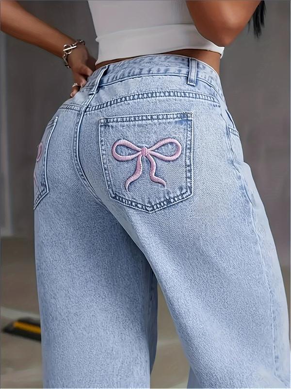 Fashionable New Style Women's Embroidered Bow Denim Straight-leg Trousers, Low-waist Design Perfectly Shows The Waist, Version Of Stiff Wide-leg Pants, High-quality Fabric, Soft And Comfortable, A Must For Leisure Outing, Halloween Christmas Gift