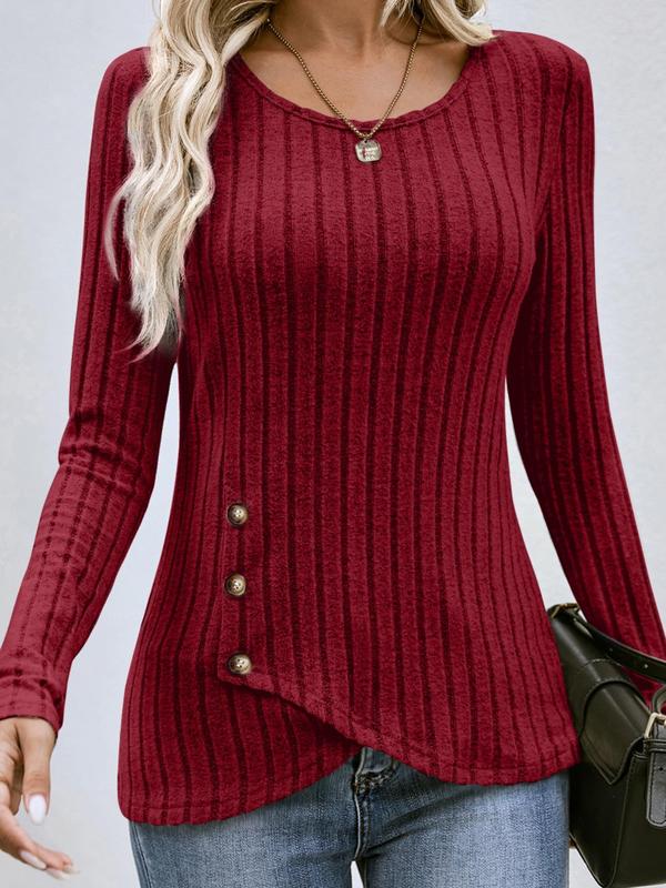 Women's Plain Buttons Asymmetrical Hem Wrap Knit Top, Casual Long Sleeve Round Neck Top for Fall, Women's Knitwear, Women's Fall Clothing, Knitting Womenswear, Please Purchase A Size Up