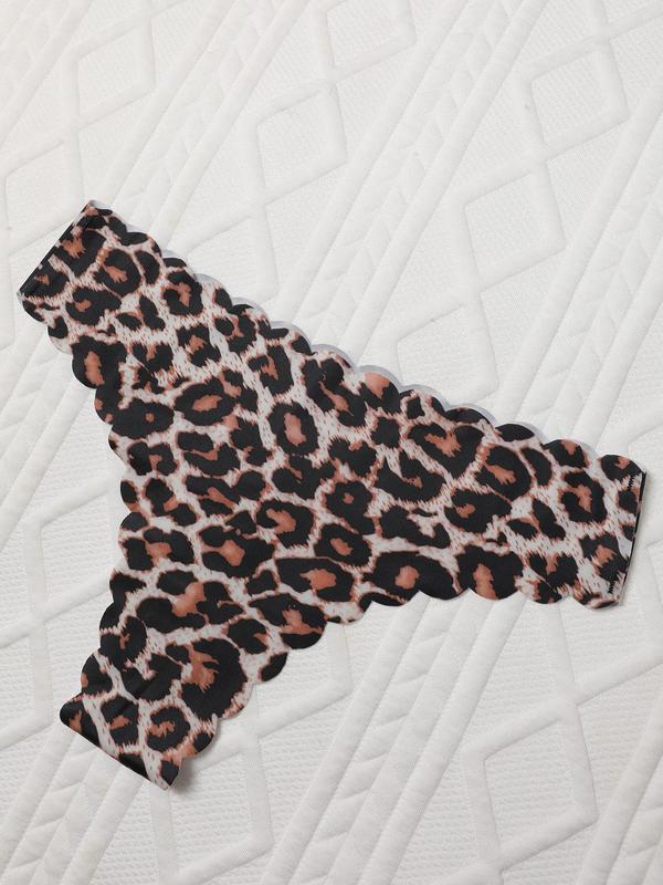 Women's Solid Color & Leopard Print Scallop Trim Thong, Soft Comfy Breathable Seamless Panties, Women's Underwear for All Seasons