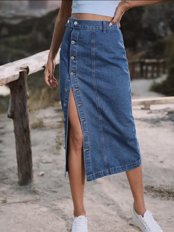 Belle Button Down High Rise Skirt (Medium Blue)