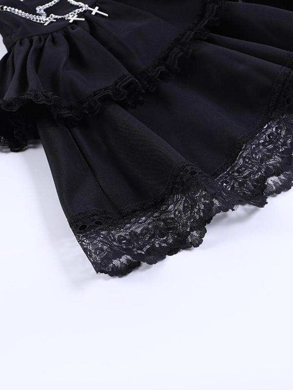 Women's Cross & Chain Decor Lace Skirt, Gothic Lace Up Ruffle Trim Skirt for Party Holiday Vacation, Ladies Bottoms for All Seasons