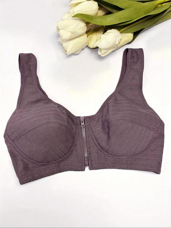 Women's Solid Zipper Front Bra, Breathable Comfortable Wireless Bra, Lingerie for All Seasons