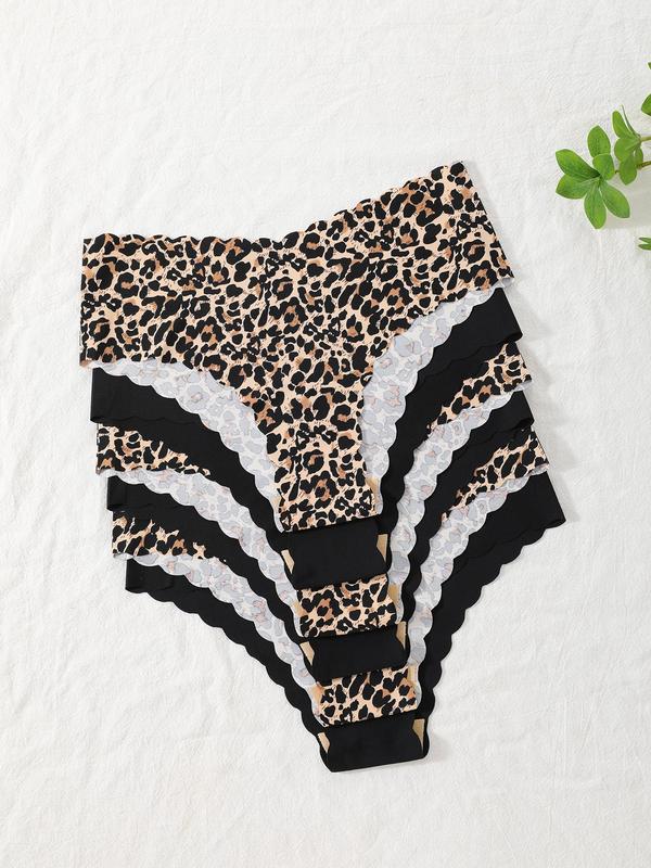 Women's Leopard Print Scallop Trim Knicker Soft Comfy Breathable Panty for Daily Wear, Underwear for All Seasons