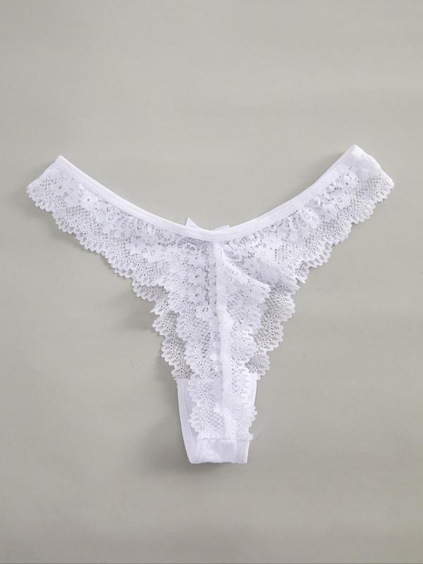 Women's Bow Decor Lace Thong, Casual Sheer Scallop Trim Panty, Ladies Underwear for Daily Wear