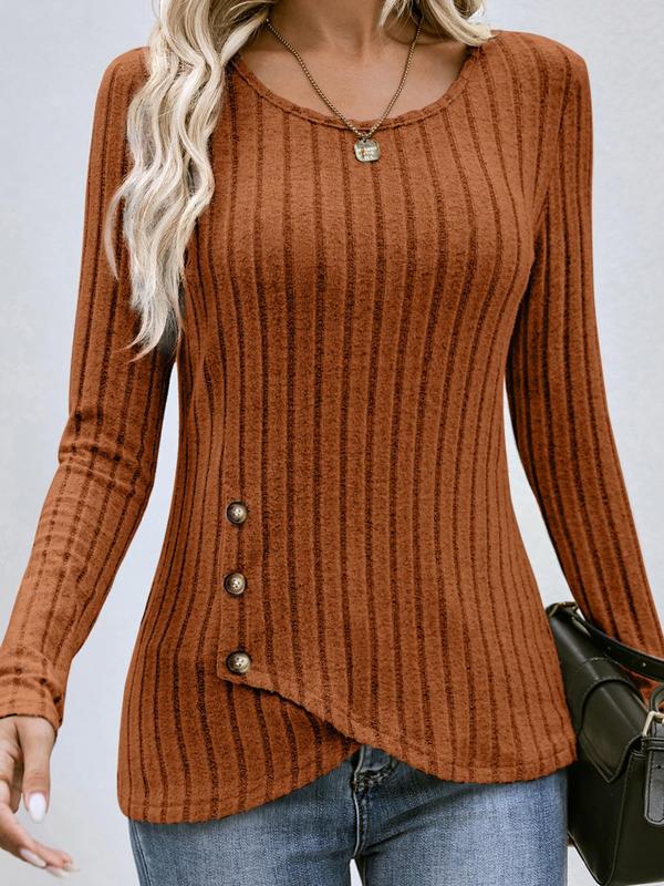 Women's Plain Buttons Asymmetrical Hem Wrap Knit Top, Casual Long Sleeve Round Neck Top for Fall, Women's Knitwear, Women's Fall Clothing, Knitting Womenswear, Please Purchase A Size Up