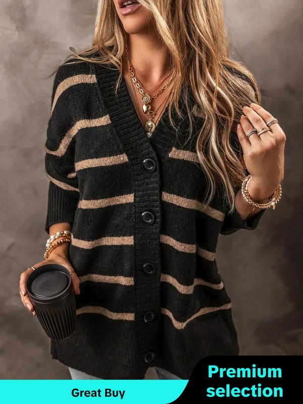 Women's Colorblock Striped Print Button Front Sweater Cardigan, Casual Drop Shoulder Long Sleeve V Neck Cardigan for Fall & Winter, Women's Knit Clothing for Daily Wear