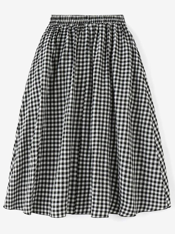 Women's Plaid Print Pocket Elastic Waist A Line Skirt, Casual Fashion High Waist Midi Skirt for Daily Wear, Ladies Bottoms for All Seasons